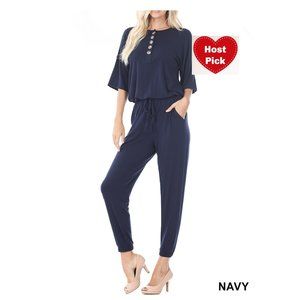 Half Sleeve Jumpsuit Slimming Design Elastic Waist with pockets